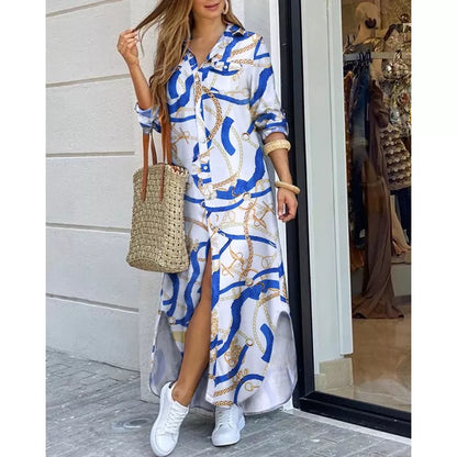 Vestido longo feminino casual solto com estampa listrada e botões