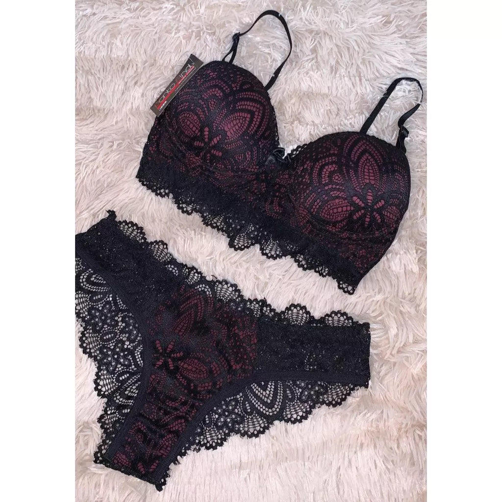 CONJUNTO RENDA COM BOJO SUTIA + CALCINHA LINHA NOITE SENSUAL MODA INVERNO LINGERIE